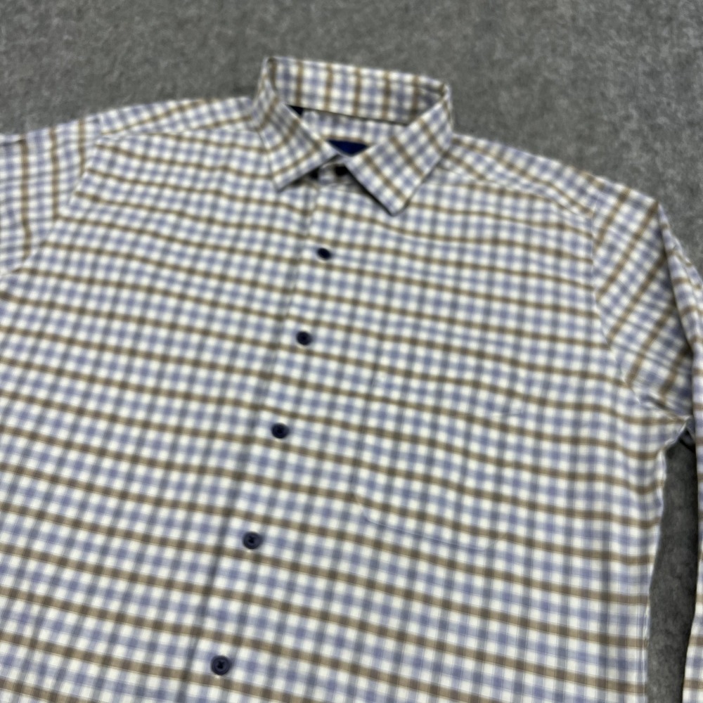 David Donahue Shirt Mens L Blue Beige Check Long Sleeve Button Cotton Office - Picture 9 of 16